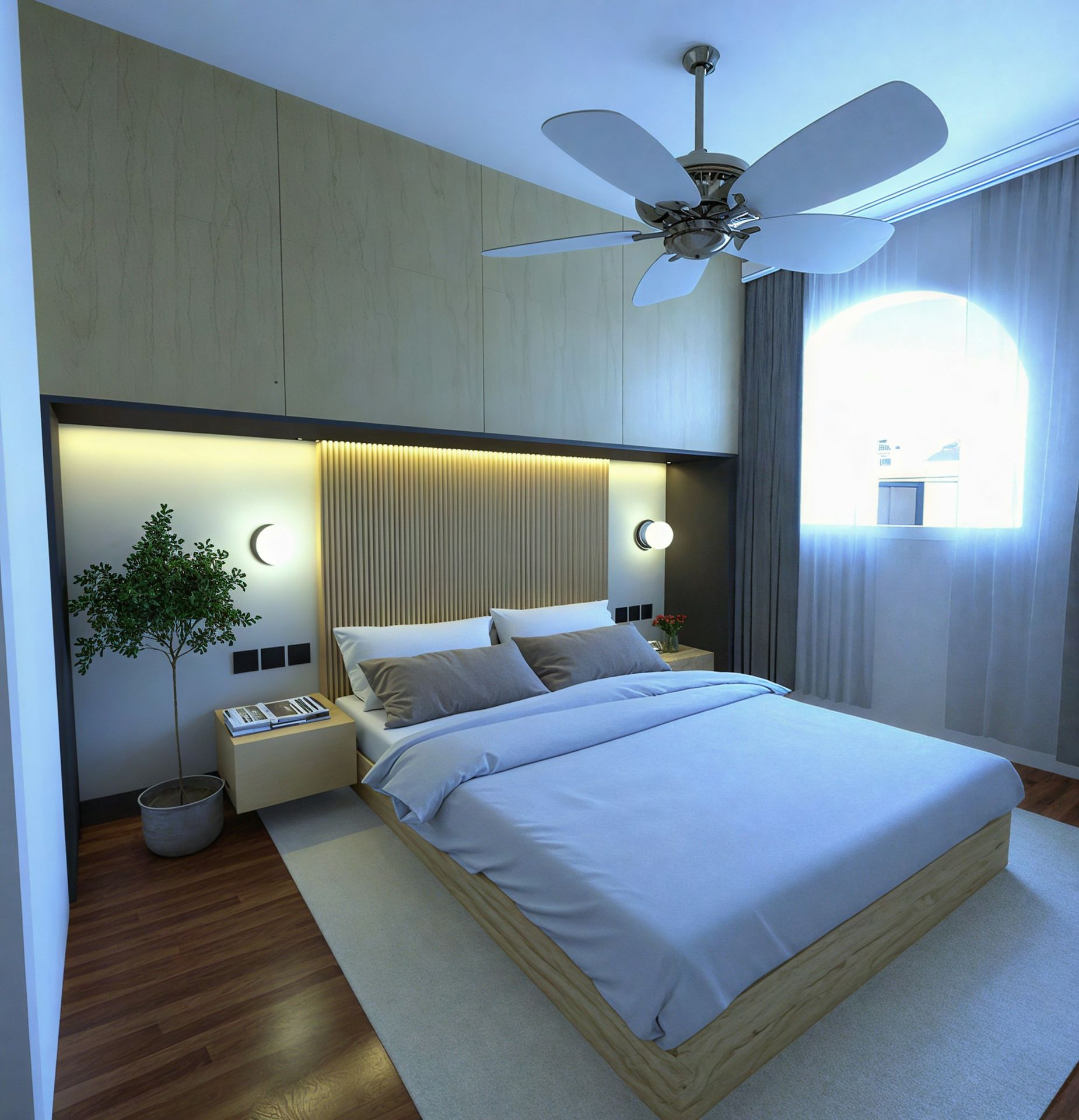 A modern bedroom is displayed in this picture.