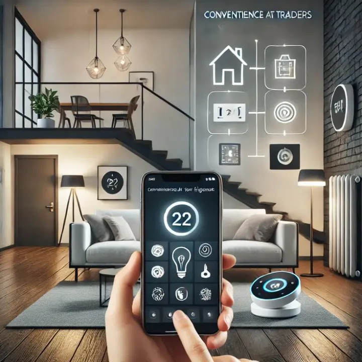 Smart home automation devices including voice assistants, smart switches, and wireless sensors arranged in modern Indian apartment living room