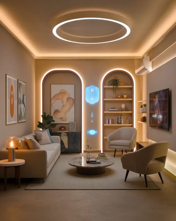 Space-efficient smart home devices arranged in small Indian apartment showing optimal use of limited space